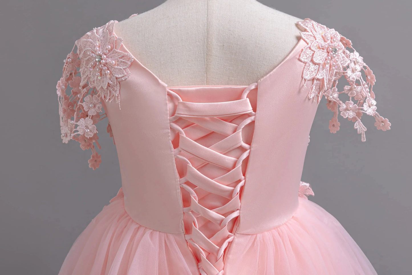 Lace up Tulle Flower Girl Dress Chest with flowers First Communion Ball Gown Wedding Party Bridesmaid Dress Kids 12Y