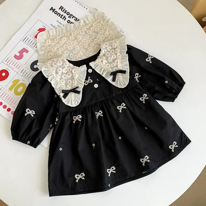 Outono 0-6 anos Vestido de Princesa para Meninas Roupas de Bebê Menina Gola Borboleta Roupas de Bebê Menina Peça Única Vestido Infantil Bordado