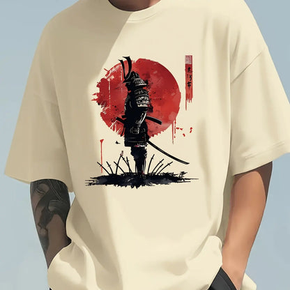 Men's Summer 100 Cotton Fashionable Casual Loose Japanese Samurai Pattern Printed Round Neck Short Sleeve T-shirt Top