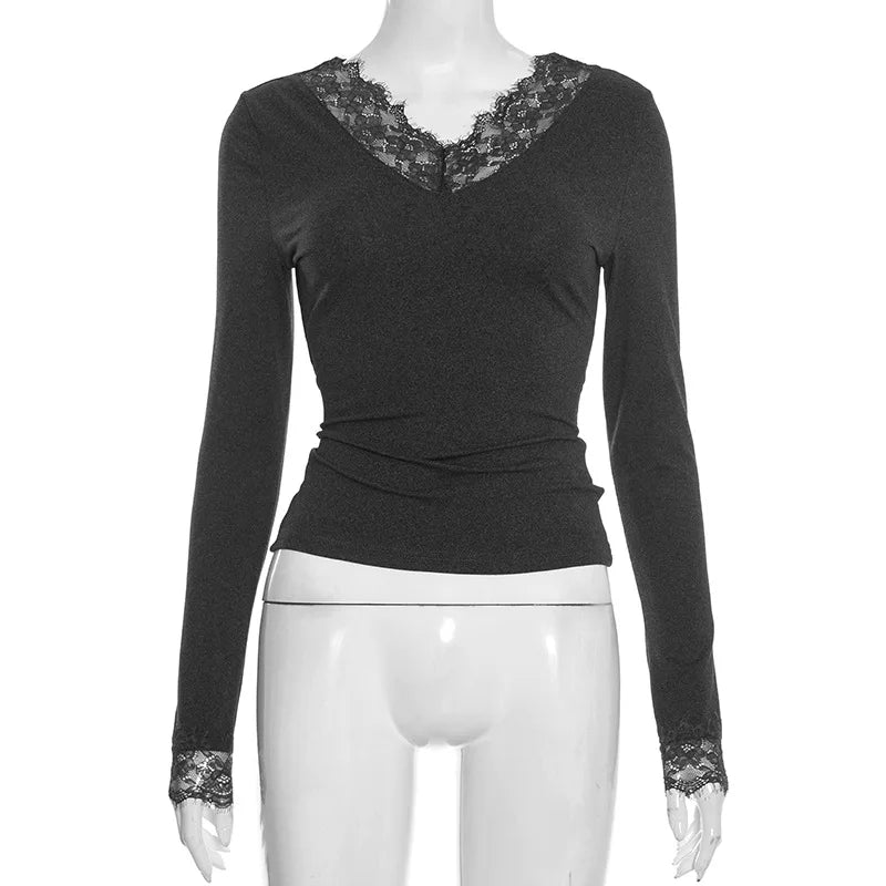 V neck Lace T shirt Top Women Sexy Navel Exposed Pullover Fashion Splice Hot Girl Club Party Top Autumn New Lady T shirt