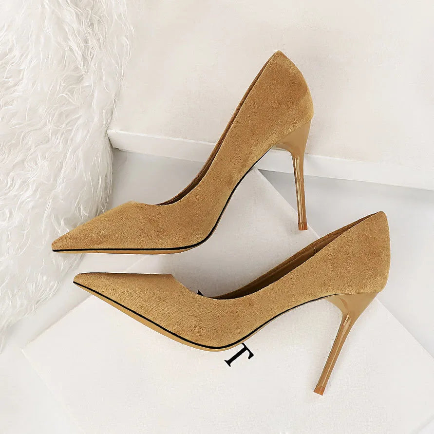 Women 9cm High Heels Pumps Stripper Flock Suede Plus Size Escarpins Lady Wedding Bridal Heels Escarpins Green Blue Yellow Shoes