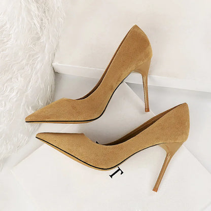 Women 9cm High Heels Pumps Stripper Flock Suede Plus Size Escarpins Lady Wedding Bridal Heels Escarpins Green Blue Yellow Shoes