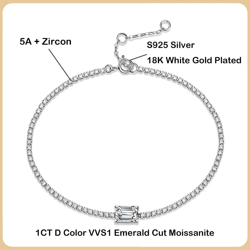 New In 1ct Emerald Cut Moissanite Diamond Bracelet for Women Wedding Fine Jewelry Real 925 Sterling Silver Link Bracelets
