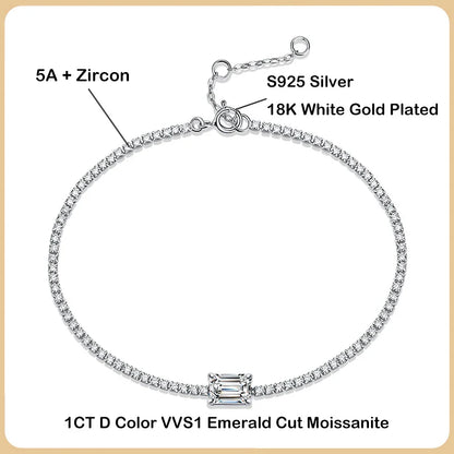 New In 1ct Emerald Cut Moissanite Diamond Bracelet for Women Wedding Fine Jewelry Real 925 Sterling Silver Link Bracelets