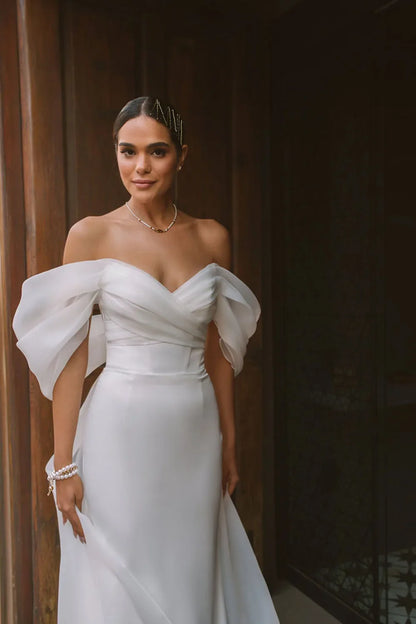 Summer Wedding Party Dresses Off The Shoulder Pleats Bridal Dress Mermaid Satin Women Bride Gowns Customized