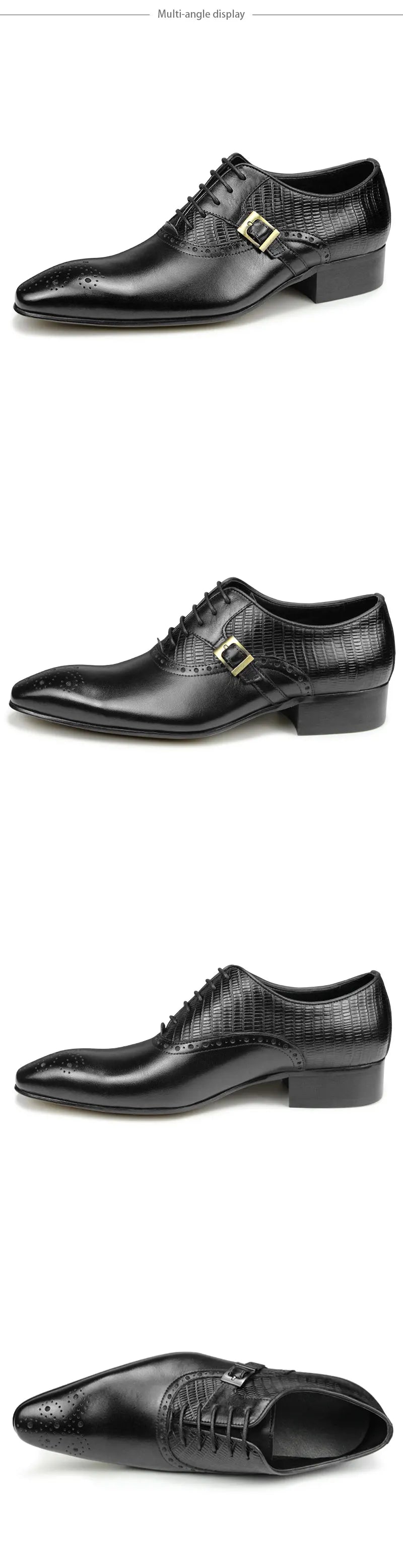 Genuine Leather Brogue Shoes Formal Oxford Lace-up  Dress Shoes Handcrafted Male Business Office Man Side Metal Buckl