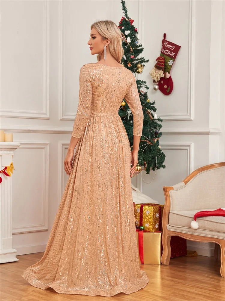 Vestido de Noite Formal Azul com Lantejoulas Decote V Manga Longa Luxuoso Feminino para Festa de Casamento Baile Formatura Maxi Coquetel