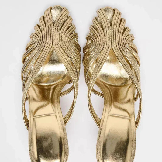 Gold Luxury Thin Heel Slippers Women Dress Shoes Summer New 2025 Hollow Beach Shoes Slides Designer Brand Sandals Ladies Pumps