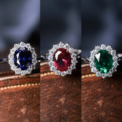 Halo Rings for Women Created Blue Sapphire Nano Emerald Red Ruby Princess Diana 2.67ct Oval Cut 925 Sterling Silver Rings