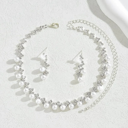 Silver Color Pearl Crystal Bridal Jewelry Sets Wave Shape Choker Necklace Earrings Sets for Women Wedding Jewelry Sets