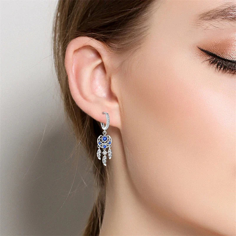 New in 925 Silver Romantic Feather Moon Stars Dream Catcher Earrings For Women Trending Fashion Jewelry Creative Birthday Gifts