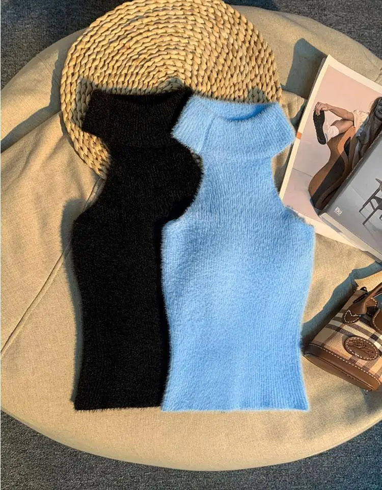 Spice Girl Hair Halter Neck Camisole Female Imitation Mink Inside Tank Top  Autumn and Winter Design Sense Knitted Bandeau Top