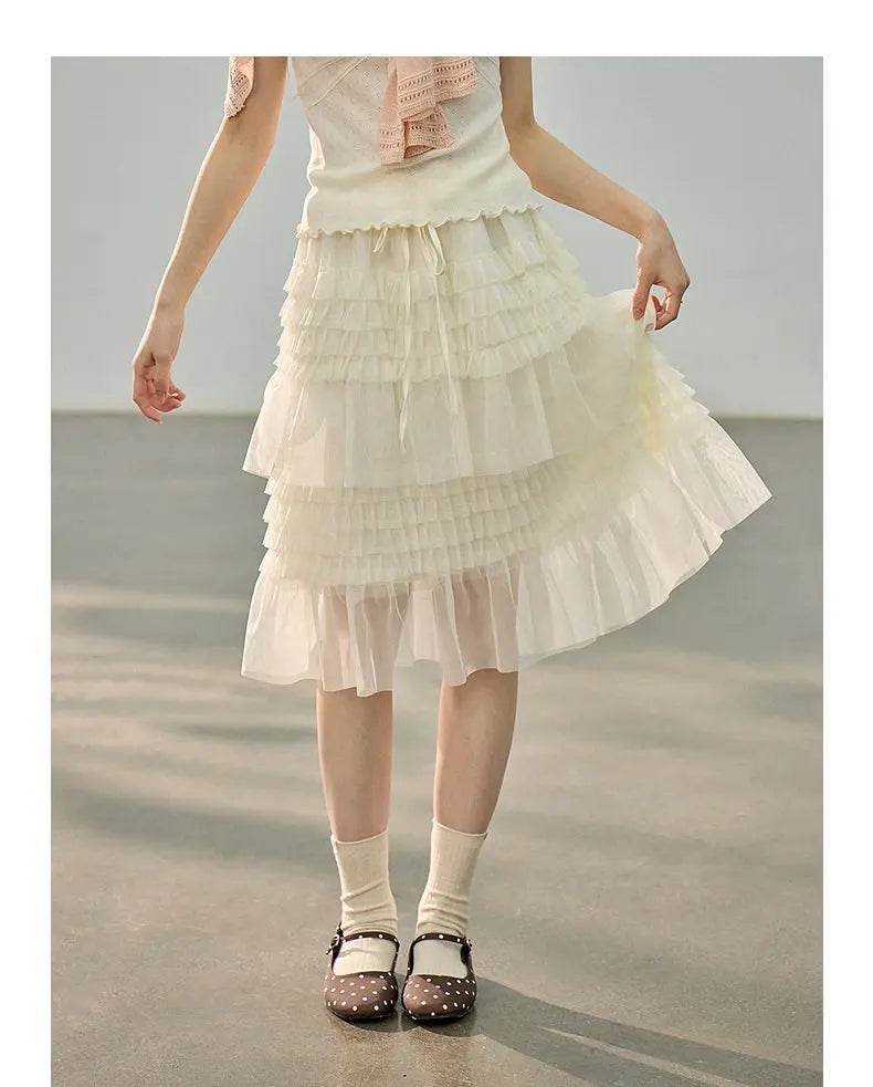 Korean Style Lace Elastic Waist Cake Skirt Mesh Puffy Skirt Women's Dress Knee Length Casual A-Line Skirt Micro Stretch No Slit