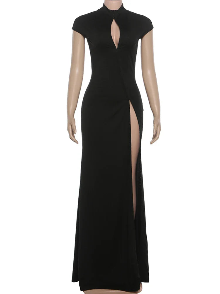 High Splits Solid Long Dress Woman Half High Collar Short Sleeve Hollow Design Midnight Club Party Elegant Vestidos