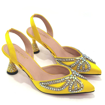 Yellow Classy Bowknot Pointed Toe Women's Shoes High Heel Elegant Sandals Shallow Mouth Shoes Bag Set Women