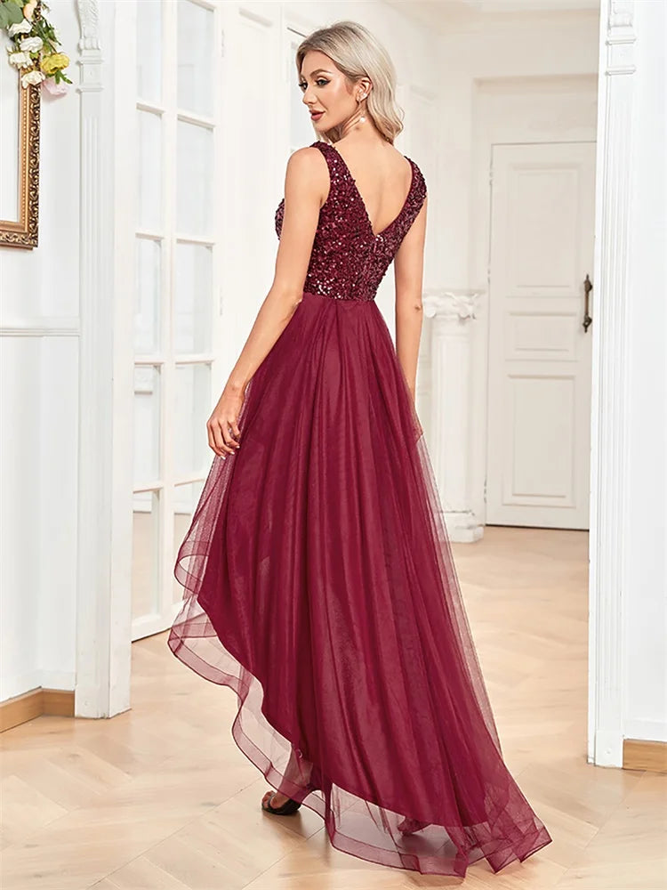 Elegant Women Sleeveless Sequins V-Back Floor Length Formal Evening Dresses Luxury V-neck Wedding Party Cocktail Gowns