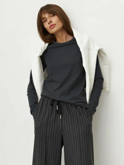 Women's Spring Autumn 100% Cotton T-shirt Bottoming Basic Solid Lady Long Sleeve Loose Tops Shirts Oversized T Shirt