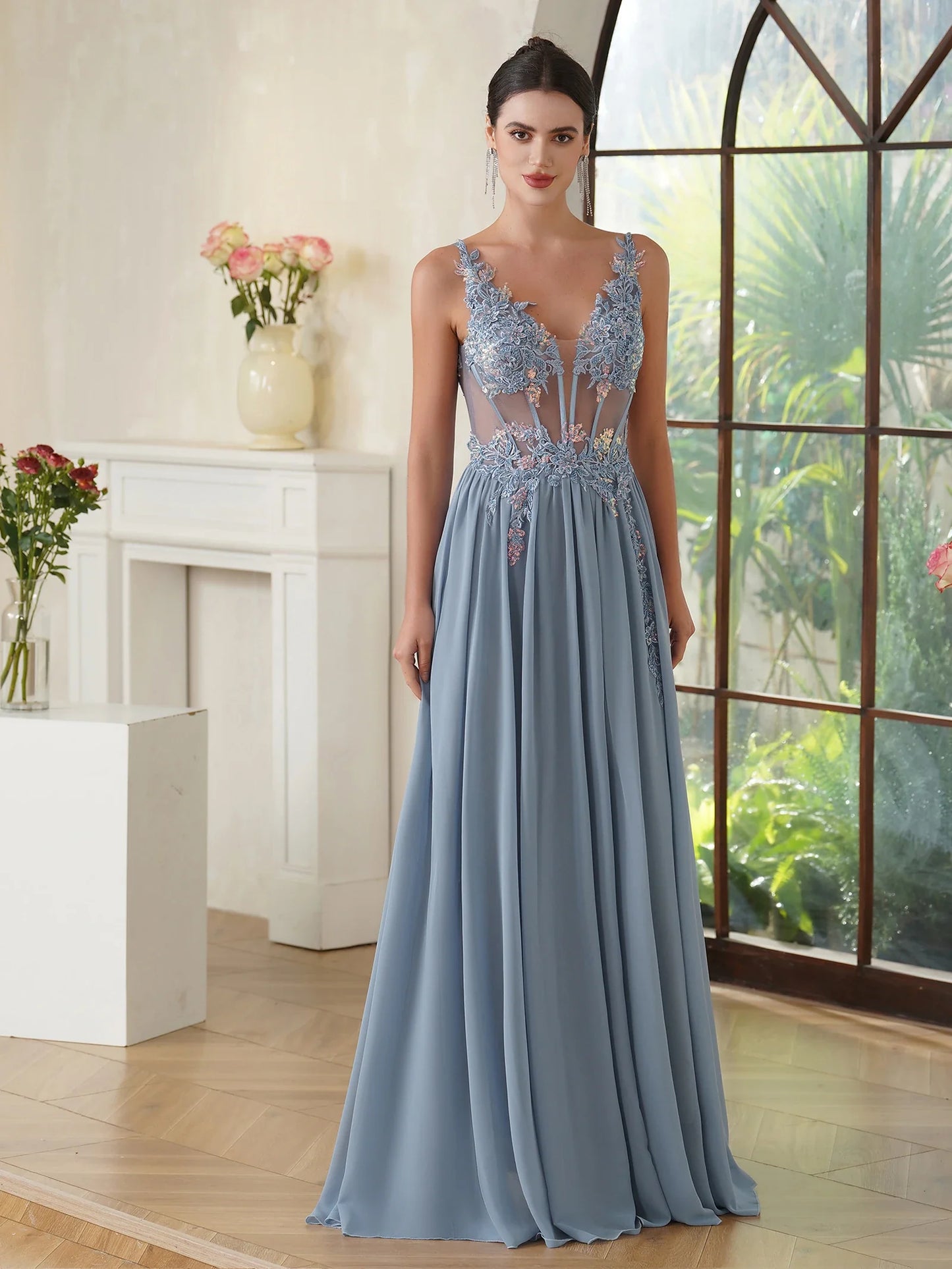 Dusty Pink Sheer Evening Dresses Lace Applique Spaghetti Straps V-Neck Backless Prom Dress Chiffon A-Line 2025 Formal Party Gown
