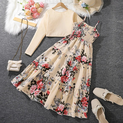 Kid Girl Long Sleeve Bow Design Coat & Beige All Print Shirred-Bodice Sling Dress Set Cute Sweet Elegant Princess Dress For Kids