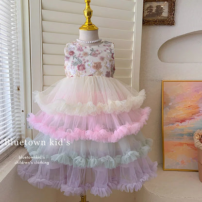 Vestido Regata para Meninas Verão 2025 Novo Vestido Elegante de Malha com Babados para Meninas Vestido Princesa Roupa Infantil de Fada