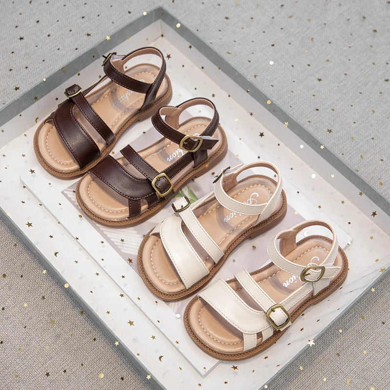 Girls Roman Sandals Open Toe Little Kids Leather Sandals with Buckle Open Toe Children Summer Beach Shoes Non-Slip Soft Sole