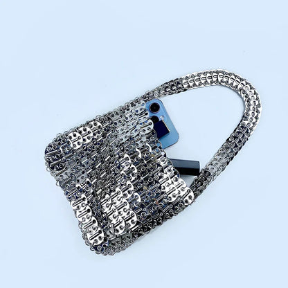 Shiny vintage iron sheet bag, hand-woven silver sequins, metal dumpling bag, mobile phone bag, handbag, shoulder bag