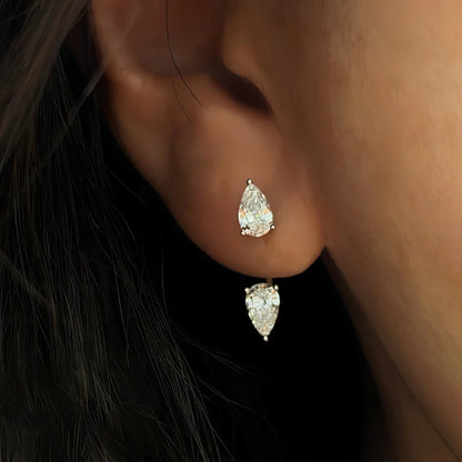 2-Stone Pear Cut Moissanite Diamond Earrings for Women 925 Sterling Silver Plated 18k Gold Waterdrop Earcuff Earring Detachable