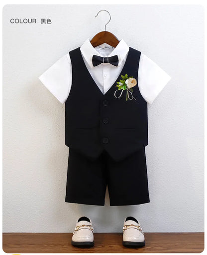Children Boy Summer Cool Green Suit Kids Boys Vest Shirt Shorts Bowtie Ceremony Costume Formal Boys Breathable Slim Wedding Suit