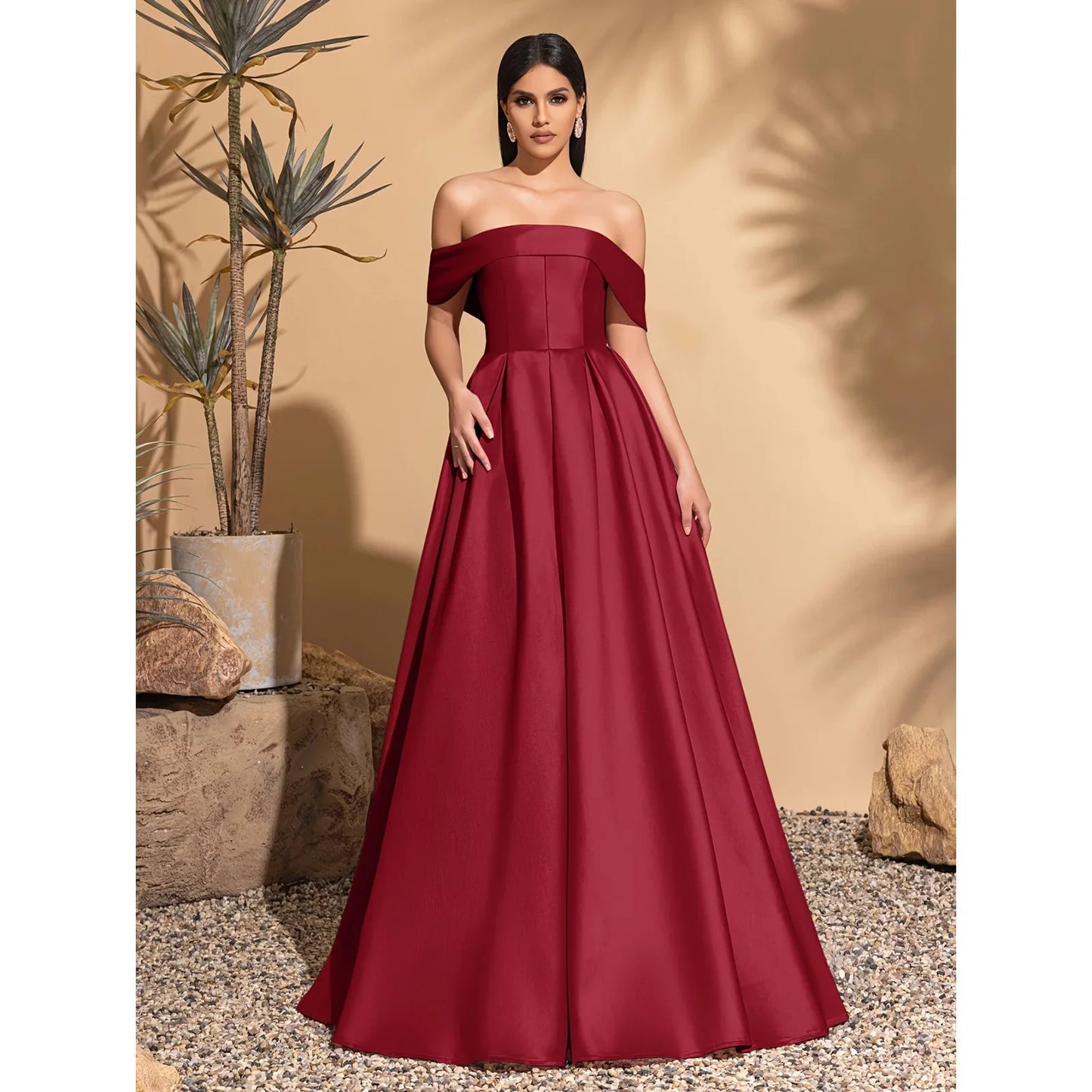 Off-the-shoulder satin dress with back tie, elegant and chic dress