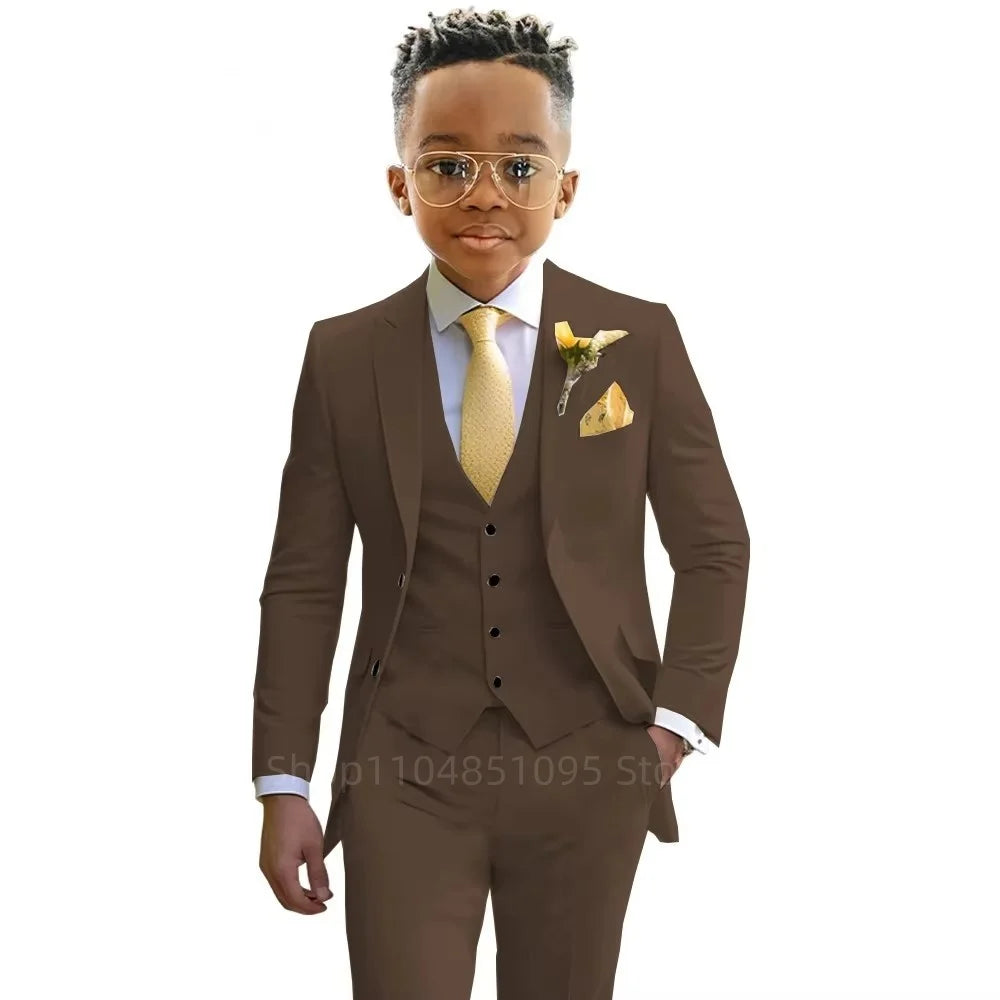 Stylish Boys Suit Wedding Tuxedo Solid Peak Lapel Jacket Vest Pants Party Prom 3 Piece Set Kids Formal Outfit 2-18 Years Old