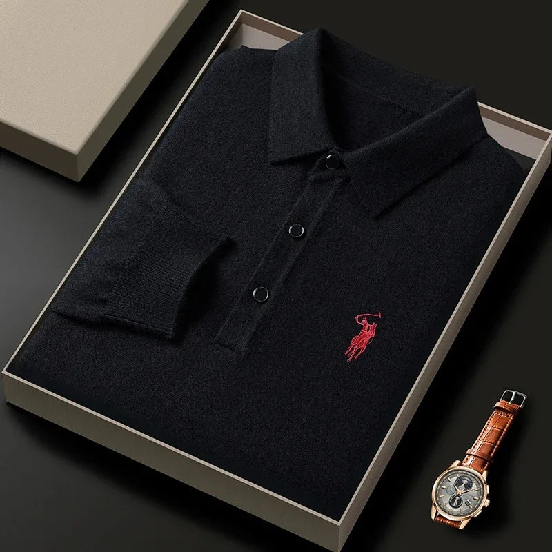 High quality luxury knitted long sleeve T-shirt men's autumn new designer brand Pony embroidery fashion Paul classic polo shirt