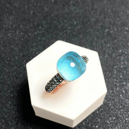 10.6mm Elegant Blue Topaz Zircon Ring Dual Tone Black Gun & Rose Gold 30 Colors Candy Crystal Jewelry Gift for Women