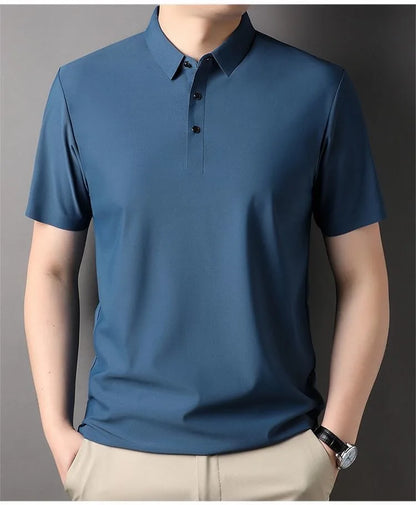 High quality wrinkle resistant ice silk short sleeve t-shirt men's summer Lapel loose casual solid color top high-end polo men