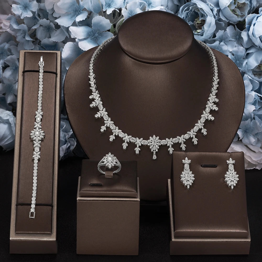 Luxury 4 Pieces Bridal Wedding Jewelry Set for Women Sparkling Cubic Zirconia Nigeria Bride Accessories