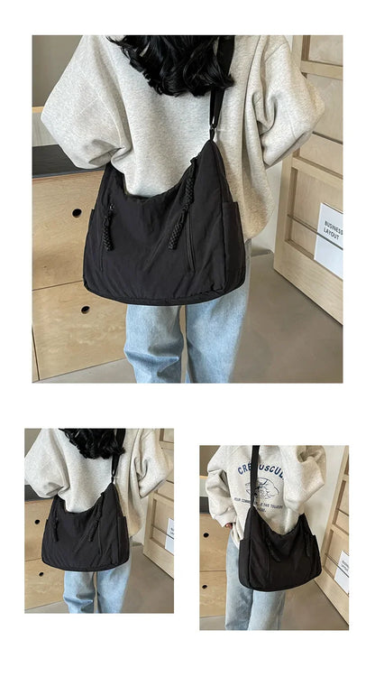 Summer Women Solid Color Shoulder Bag Fashion Lightweight Versatile Travel Crossbody Bag Commuter Nylon Large Capacity Hobo Bag