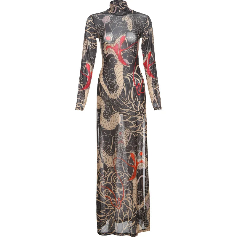 See Through Blouse Women Snake Print Half-High Neck Long Sleeves High Slits High Elasticity Street Skinny Trend Long Tops