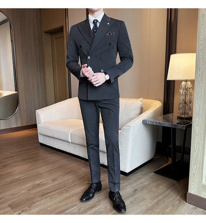 (Jackets+Pants) Luxury Double Breasted Design Slim Fit Suit High Quality Fashion Men's Wedding Social Suit Tuxedo 2 Piece Set