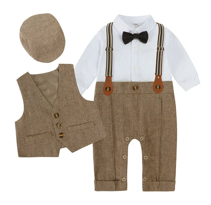 Toddler Gentleman Infant Baby Children Boys Clothes Set 3 Pcs Shirt Bow Tie Romper+Vest+Hat Newborn Dress Party Outfits Suit