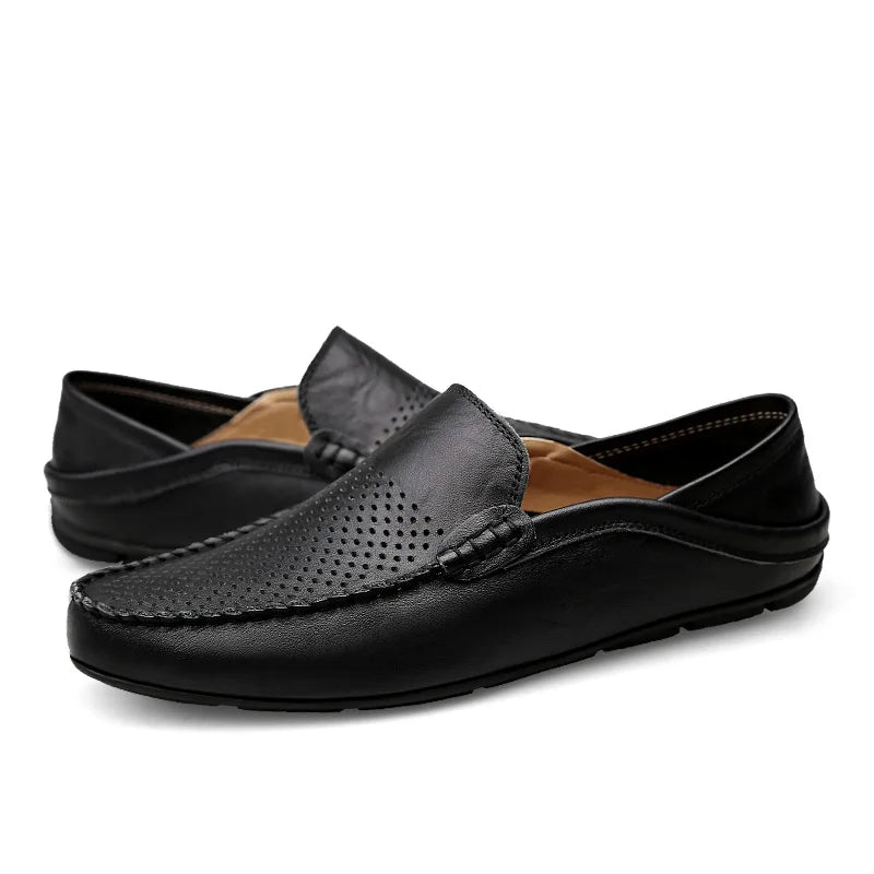 Summer Men Casual Shoes Leather Moccasins Breathable Slip on Boat Shoes Italian Luxury Brand Mens Driving Loafers Size 37-47