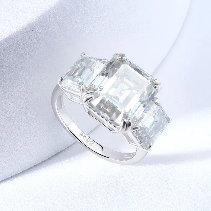 12cttw Emerald Cut Full Moissanite Engagement Ring for Women 3 Stones Sterling Silver 925 Wedding Band with Certificate