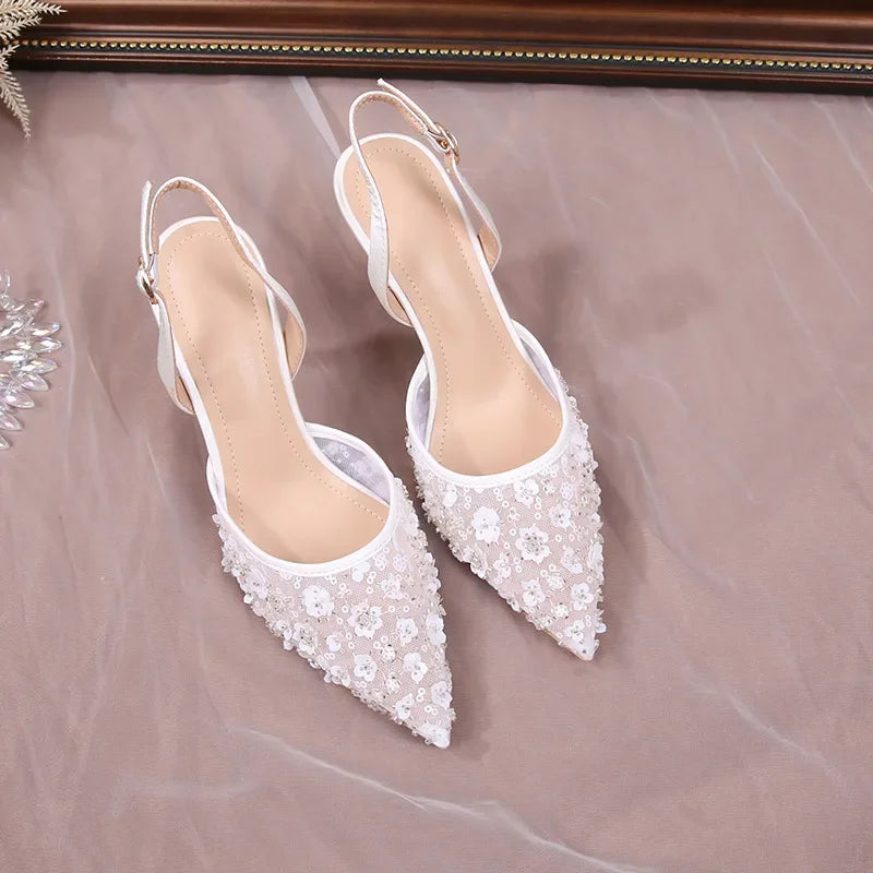 Size 34-42 2025 Summer Beaded High Heel Wedding Shoes Women Lace Mesh Party Dress Shoes