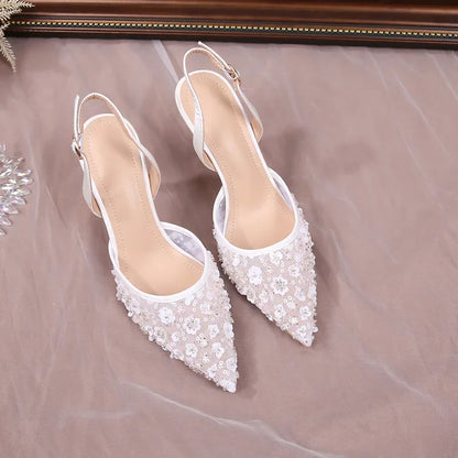 Size 34-42 2025 Summer Beaded High Heel Wedding Shoes Women Lace Mesh Party Dress Shoes