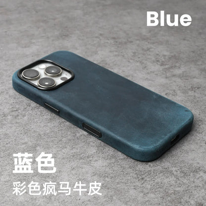 Genuine Leather Case for iPhone 17 16 15 Pro Max Magnetic PULL-UP Cowhide Phone Cover