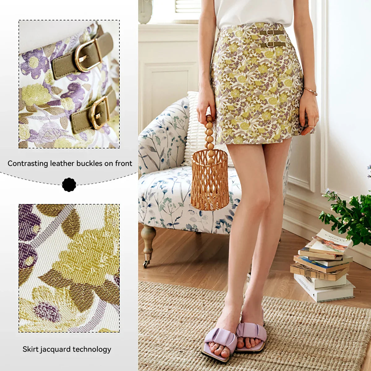 Women's Floral Mini Skirts 2026 Summer A-line Jacquard Irregular Chic Leather Buckle Short Skirt O21QB55108