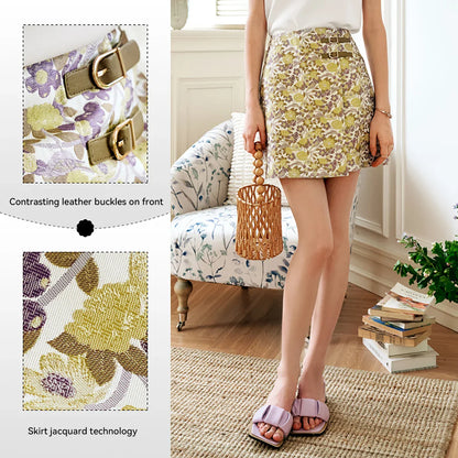 Women's Floral Mini Skirts 2026 Summer A-line Jacquard Irregular Chic Leather Buckle Short Skirt O21QB55108