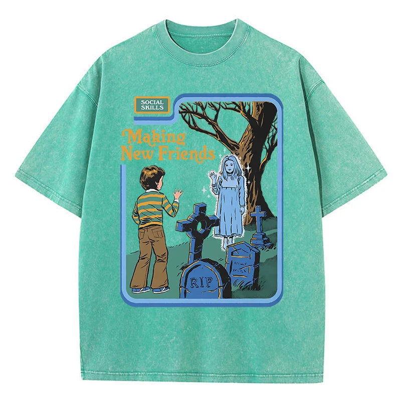 Social Skills Making New Friends Washed Retro Male Women T-Shirts Hip Hop Breathable Tops Casual T Shirt Oversized Cotton T-Shir
