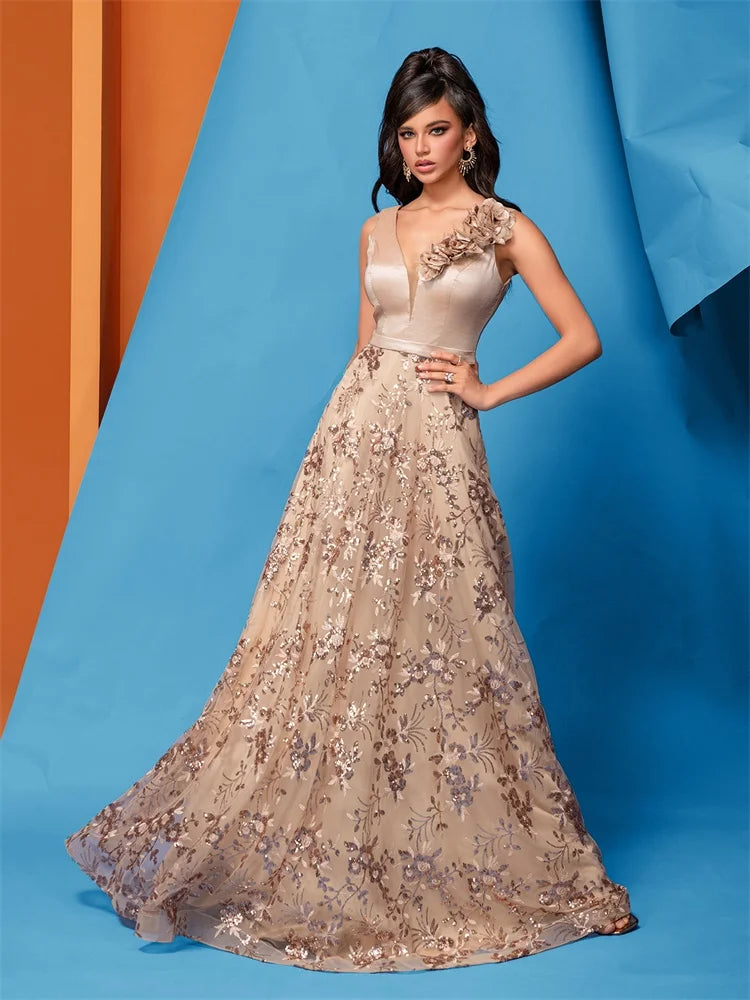 Vestido de Festa Elegante Dourado Floral com Decote em V Longo 2024 Luxo Feminino Chiffon sem Mangas para Baile Coquetel