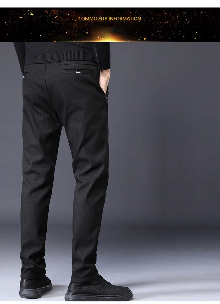 Men's Slim Suit Casual Pants Thick Fashion Embroidered Pocket Trousers Business Baggy Office Comfortable Elastic Pants Male