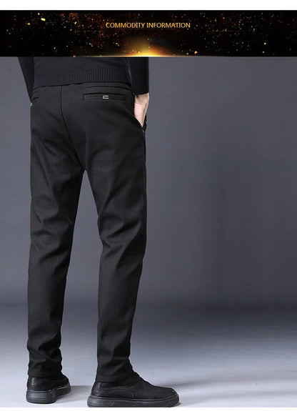 Men's Slim Suit Casual Pants Thick Fashion Embroidered Pocket Trousers Business Baggy Office Comfortable Elastic Pants Male