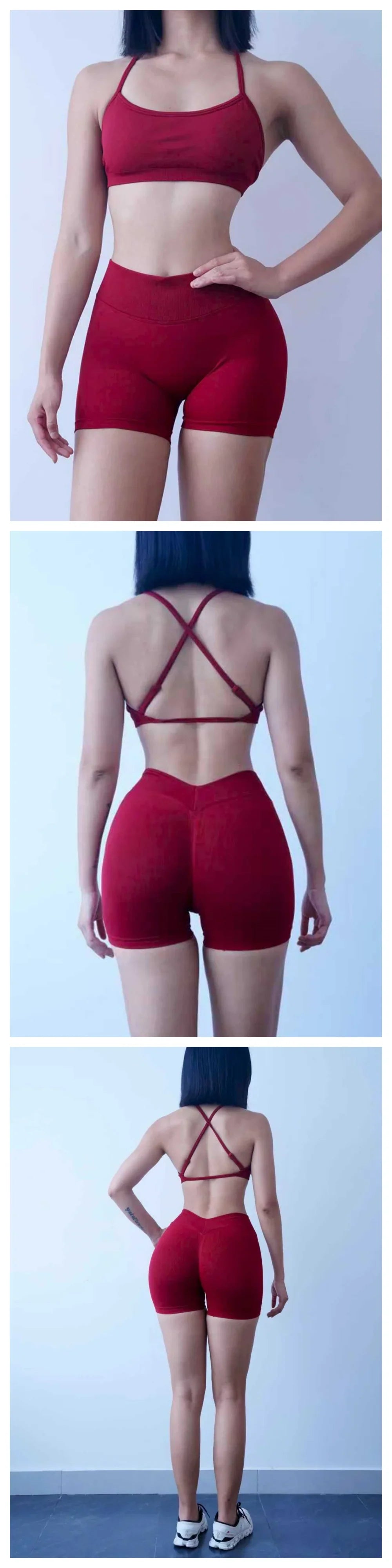 New Women's Seamless Workout Sets Thin Strap Back Sports Bra & 3-Inch Shorts, Quick Dry Gym Yoga Outfits